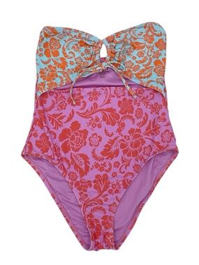Roxy Bandeau Peek-A-Boo One Piece Swimsuit Size Small Mixed Floral Beachy Boho